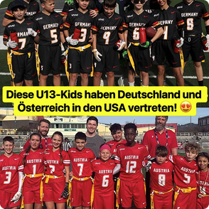 Germany and Austria youth flag football teams in a social post collage.
